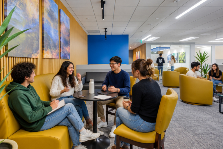 Four people sit around a small table in a brightly lit lounge, talking and laughing. Other groups are visible in the background. The room features yellow chairs, blue walls, and modern decor.