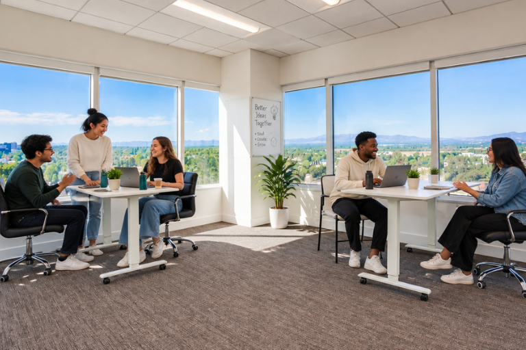 Six people are working and talking in a bright, modern office with large windows showing a scenic outdoor view. Two groups are seated at white desks, while one pair stands and chats. A potted plant is in the corner.