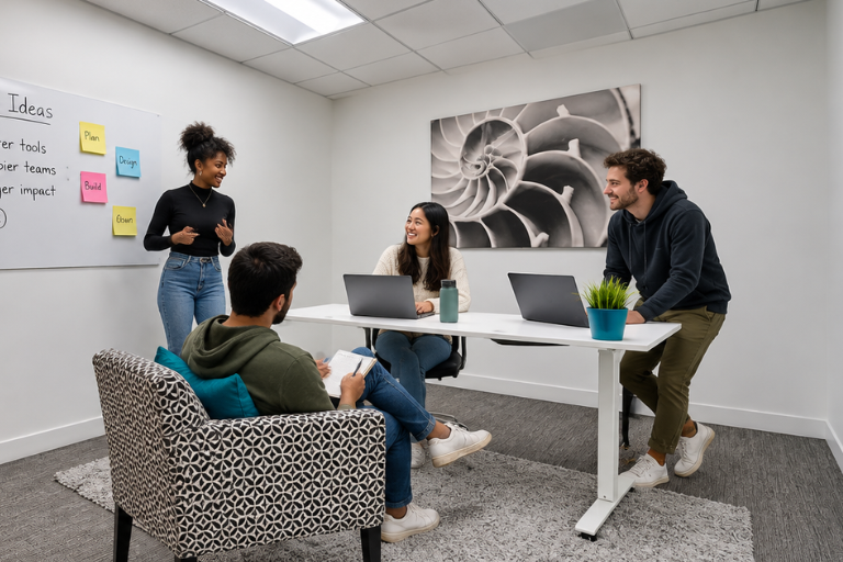 Four people in a modern office have a discussion around a desk with laptops. One person stands by a whiteboard with sticky notes, while the others sit and listen, smiling. A nautilus shell photo decorates the wall.