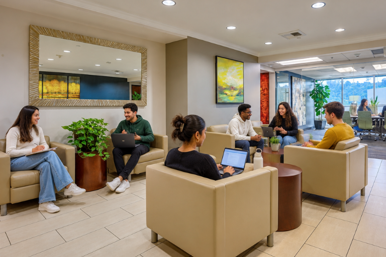 Six people have a conversation in a modern office lounge, sitting on beige chairs and sofas with laptops and notebooks. There are green plants, large paintings, and a big mirror on the walls, creating a welcoming atmosphere.