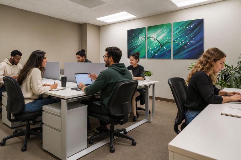 Six people sit at desks in a modern office, working on laptops and taking notes. The room has white walls, green abstract art, and plants, creating a productive and collaborative atmosphere.