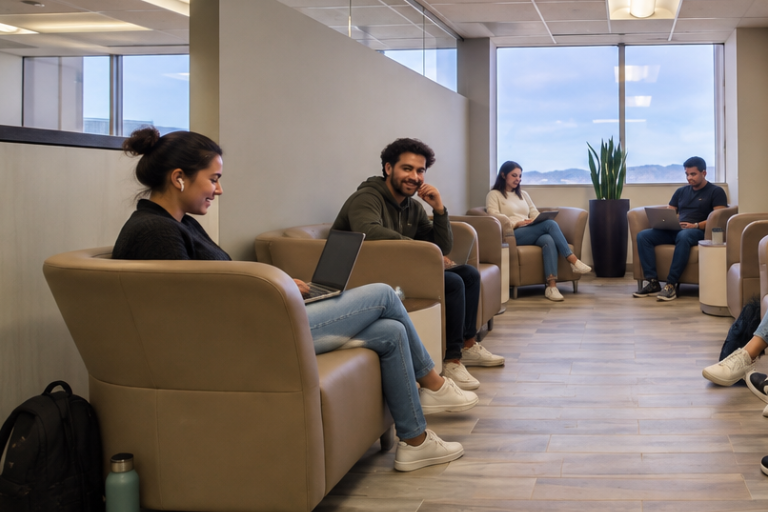 Four people sit in tan chairs along a hallway, each using laptops. One woman wears earbuds and a ponytail, a man smiles at her, and two others sit farther back. A plant is visible by large windows at the end.
