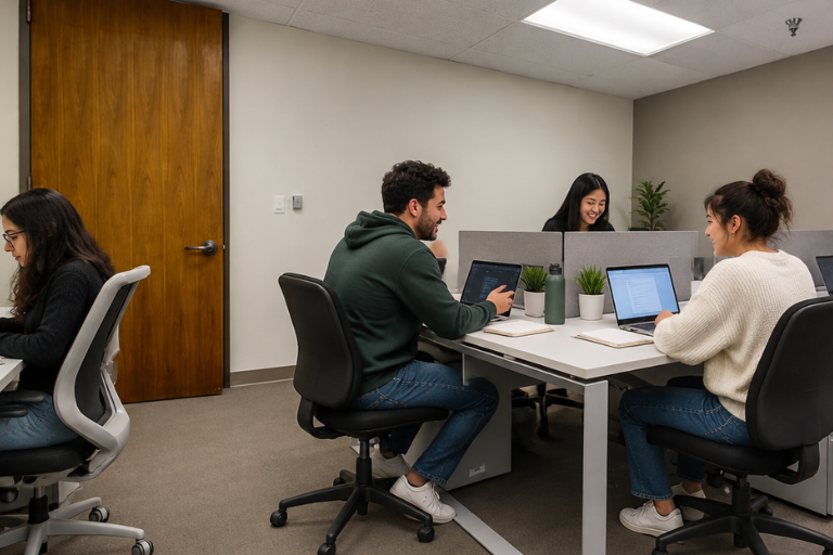 Four people sit at desks in a modern office, working on laptops, divided by gray partitions. There are small potted plants on desks and a wooden door in the background.