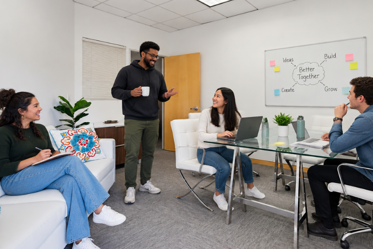 Four people are meeting in a modern office. Three sit, one stands holding a mug. Theres a laptop, a notebook, and a colorful painting. A whiteboard reads Better Together with related words around it.