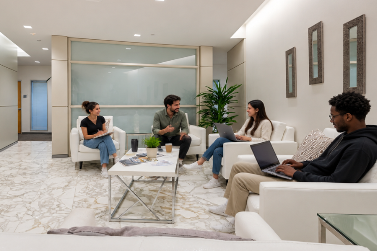 Four people sit in a modern office lounge. Two use laptops, one takes notes, and one speaks. A coffee table with papers and cups is in the center, with plants and wall art in the background.