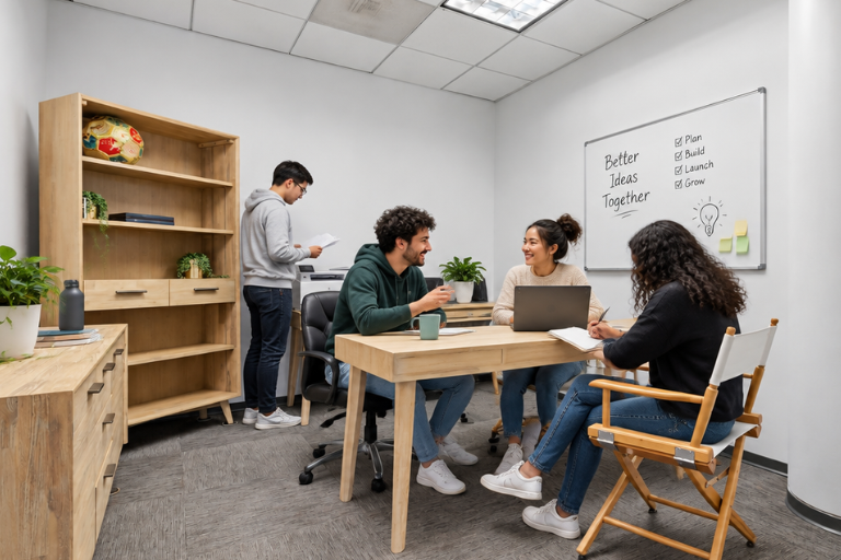 Four people are working together in a modern office. Three talk at a table with a laptop, while one stands writing near bookshelves. A whiteboard reads Better Ideas Together with a list and lightbulb drawing.