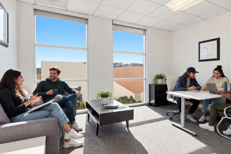 Four young adults sit in a bright, modern office. Two chat on a couch, while two work together at a desk, all appearing engaged. Large windows let in sunlight, and potted plants decorate the room.
