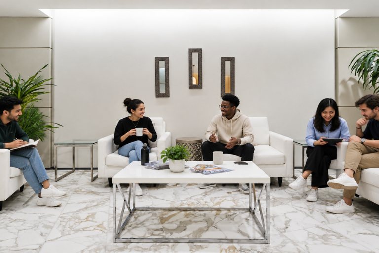 Five people sit on white couches in a modern, bright lounge, talking and smiling. Two plants and a white coffee table with magazines and a water bottle are in the center of the marble-floored room.