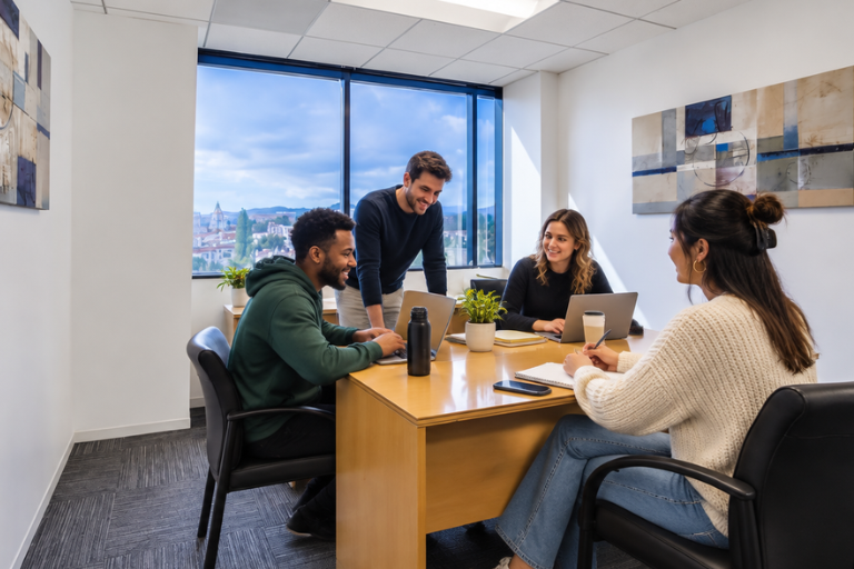Four people sit and stand around a conference table in a modern office, talking and smiling. Laptops, notebooks, water bottles, and small plants are on the table. Large windows show a cityscape outside.