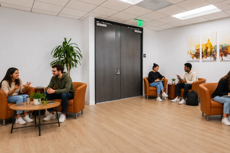 Four people are sitting in pairs, talking in a modern waiting area with brown chairs, potted plants, and artwork on the wall. A closed double door is centered in the background. The room has light wood floors and white walls.