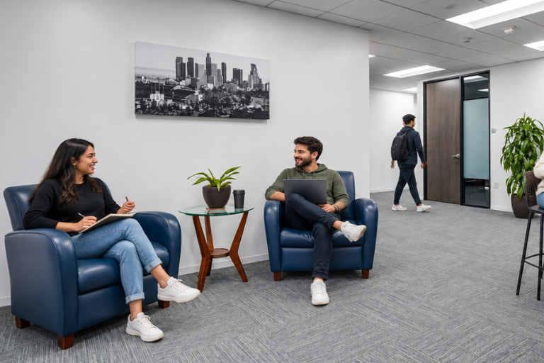 Two people sit in blue chairs chatting in an office waiting area with a plant and coffee table between them. A third person walks away toward glass office doors. Black-and-white cityscape art hangs on the white wall.