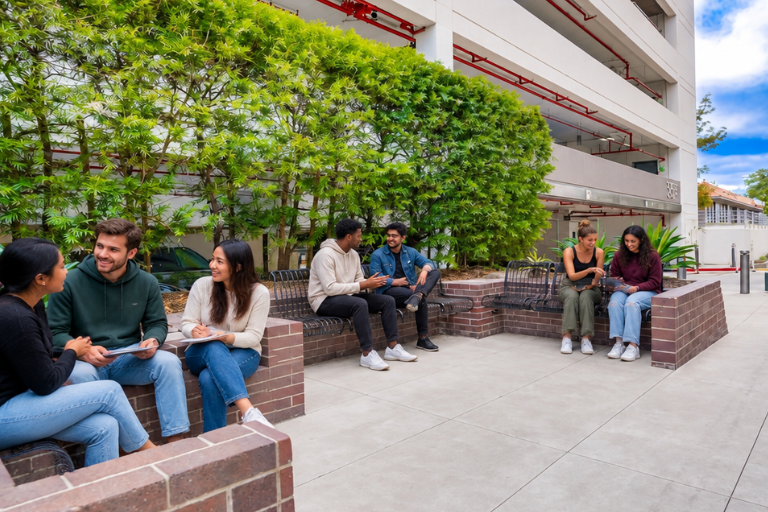 A group of young adults sits on benches outside near greenery and a parking structure, chatting and using electronic devices on a sunny day.