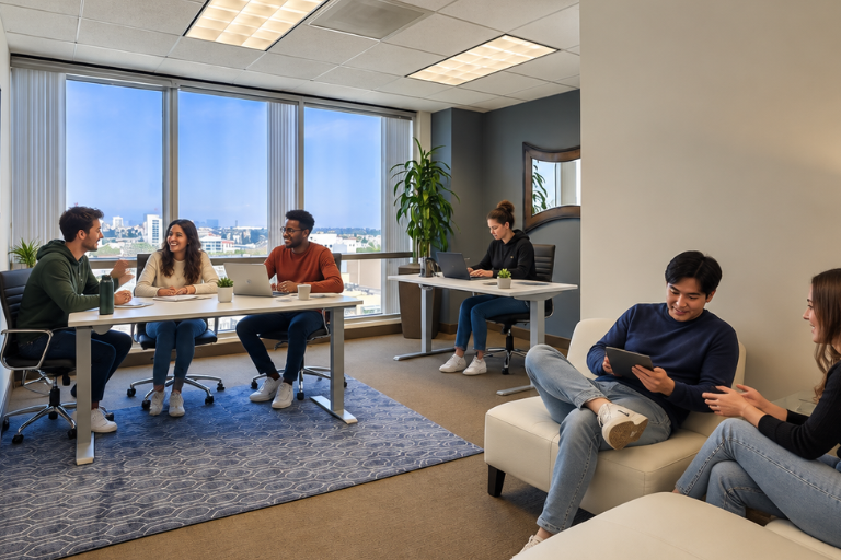 Six people are working and conversing in a modern office with large windows, desks, laptops, and casual seating. The atmosphere is bright and collaborative.