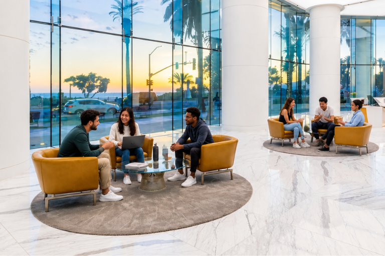 People sit in modern lounge chairs around glass tables in a bright, spacious lobby with large windows showing palm trees and a sunset outside. Some talk in pairs, while others work on laptops or chat in groups.