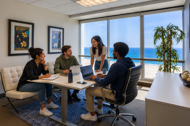 Four people have a meeting in a bright office with large windows showing an ocean view. Laptops and notebooks are on the table, and a potted plant is in the corner. The mood appears collaborative and relaxed.