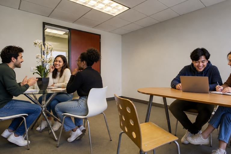 Two groups of young adults sit at tables in a modern office. One group talks by a plant, while two others work on a laptop. The room has white walls, a wooden door, and ceiling lights.