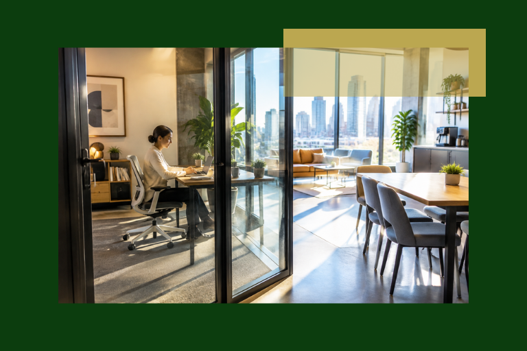 A person works on a laptop in a modern, sunlit office with glass walls, potted plants, and a city skyline visible outside the windows.