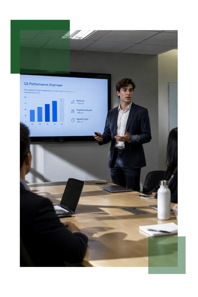 A man in a suit presents a Q3 performance overview with charts on a screen to colleagues seated at a conference table with laptops and notebooks.