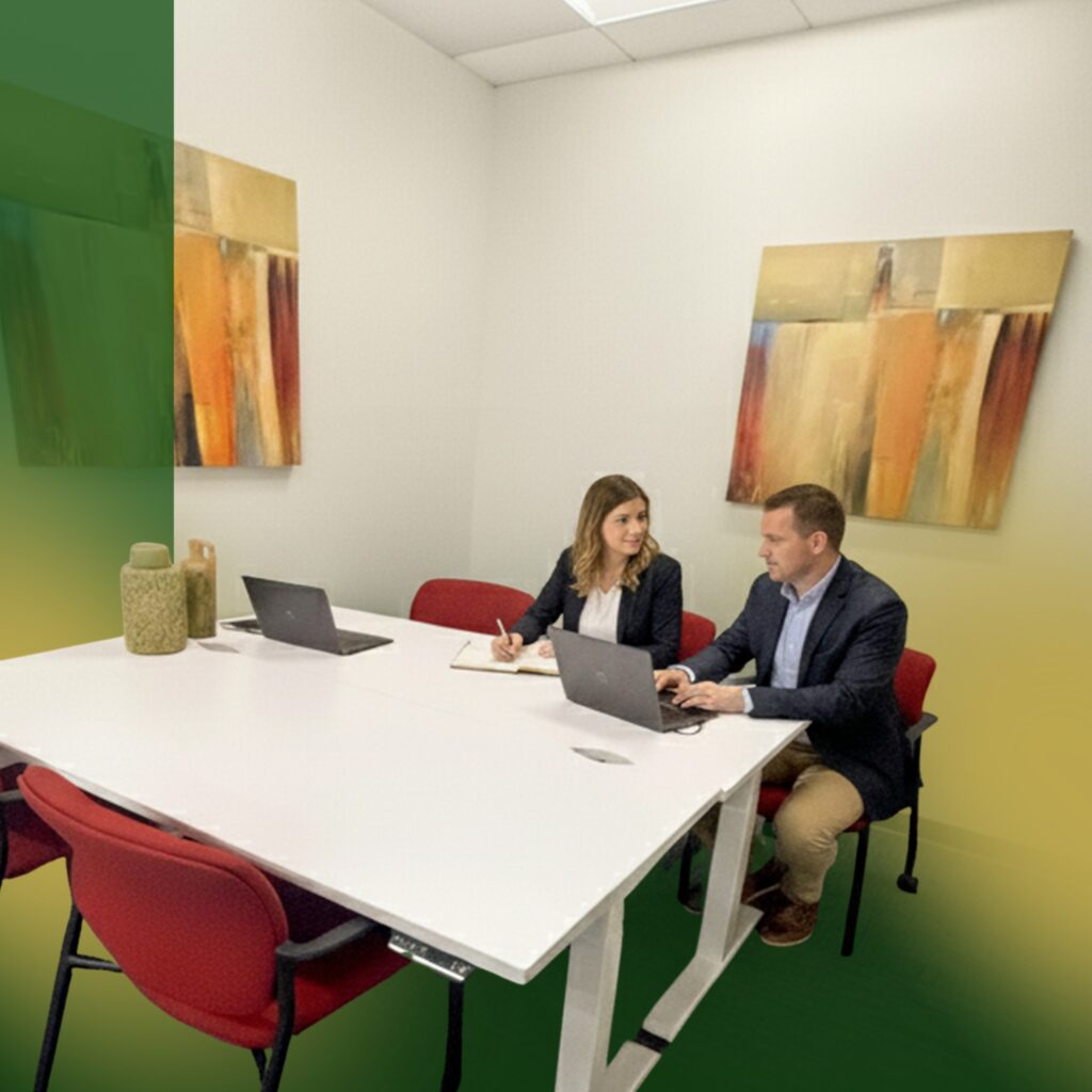 Two people in business attire work at a white table in an office, each with a laptop. Abstract art hangs on the walls, and decorative vases sit on the table.