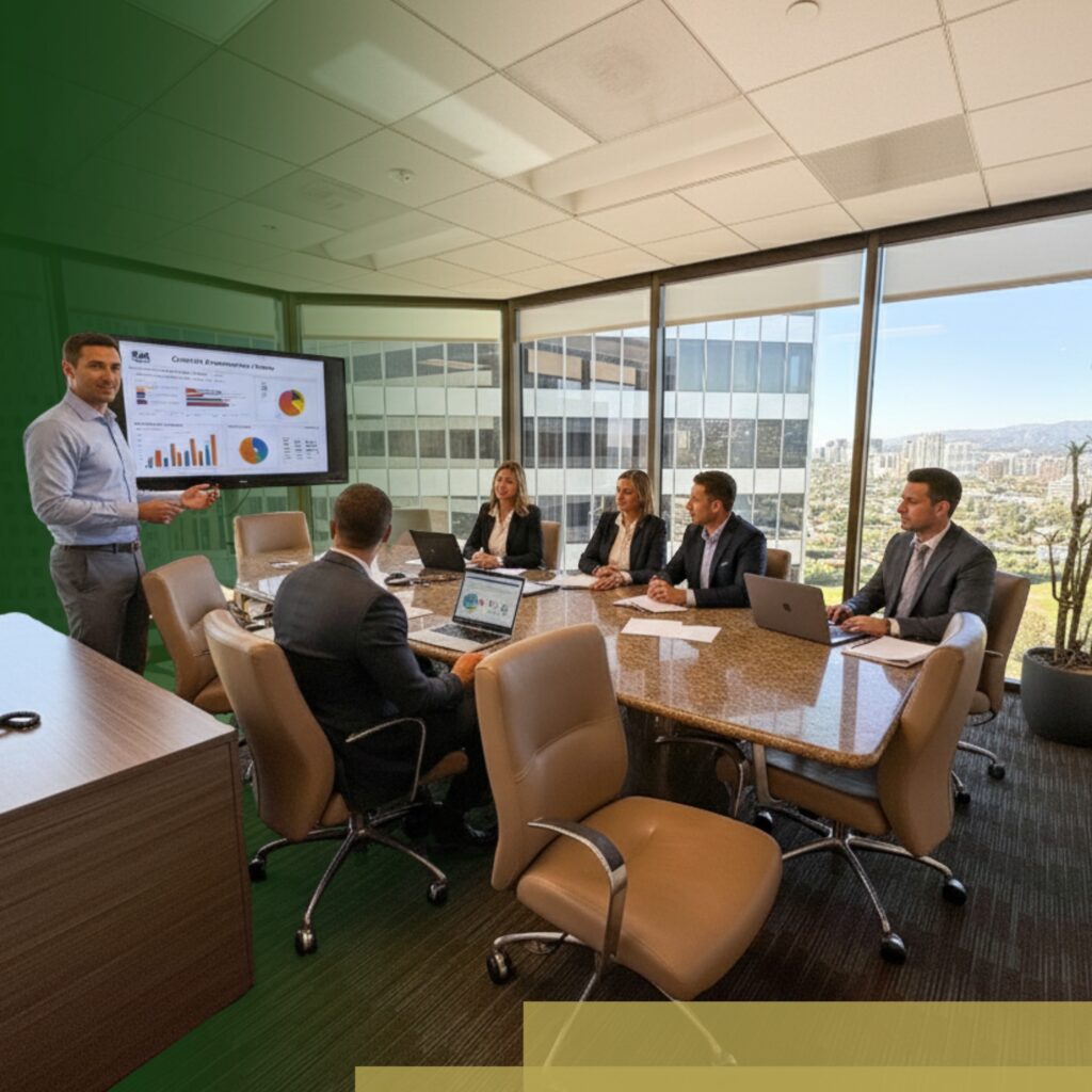 A man presents charts on a screen to five colleagues seated around a conference table in a modern office with large windows and city views.