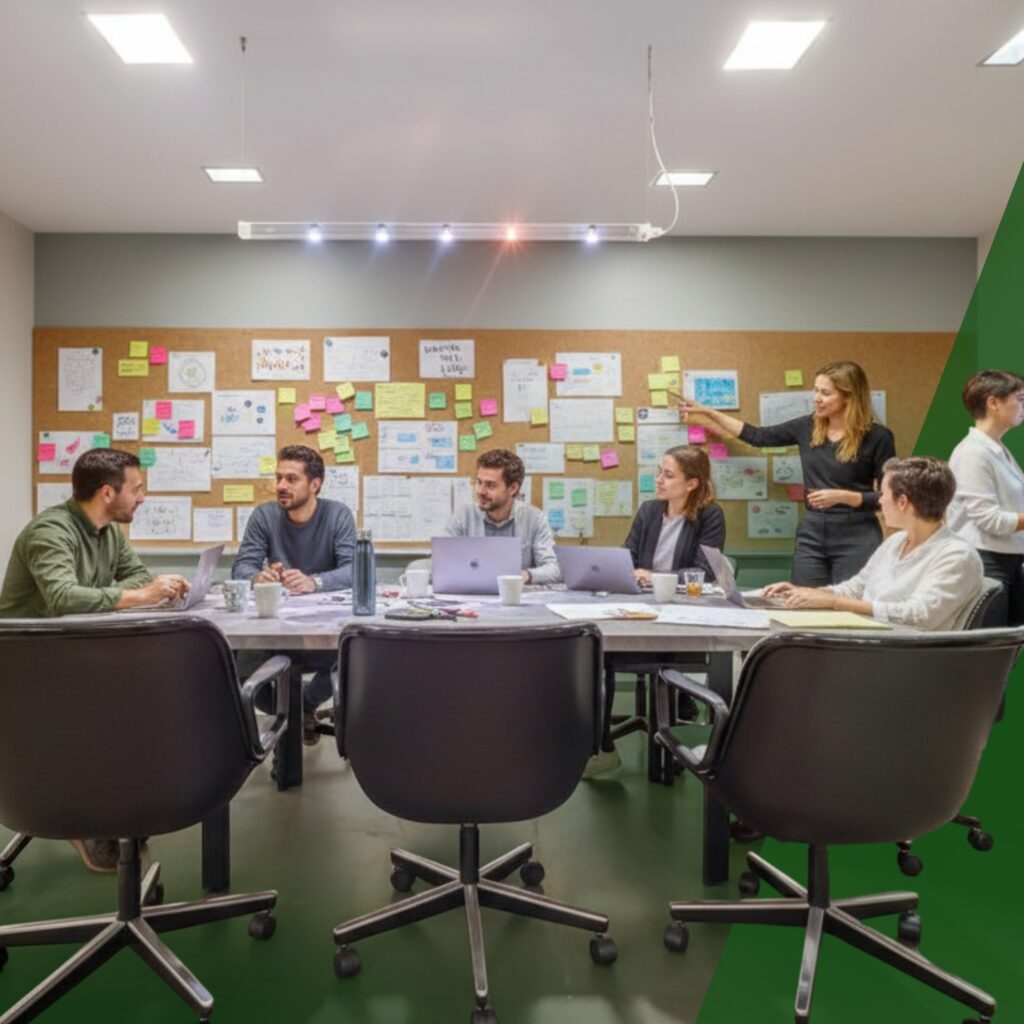 Six people work around a table with laptops and papers, while one person stands pointing at a wall covered in notes, charts, and sticky notes in a modern meeting room.