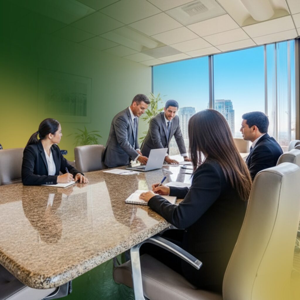 Five people in business attire meet around a conference table with notebooks and a laptop, in a modern office with large windows showing city buildings and blue sky.
