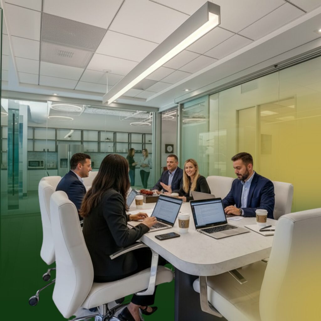Six professionals sit around a modern conference table with laptops and coffee cups, engaged in discussion in a bright office with glass walls. Two people stand talking in the background near the kitchen area.