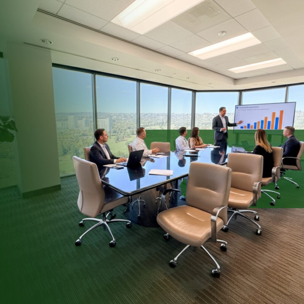 Seven people in business attire meet in a modern conference room with large windows. One person presents a bar graph on a screen to the group, who are seated around a glass table.