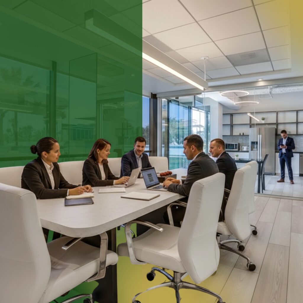 Five people in business attire sit around a conference table in a modern office, discussing work. Another person stands by the windows in the background. The image has a green and yellow overlay on the left side.