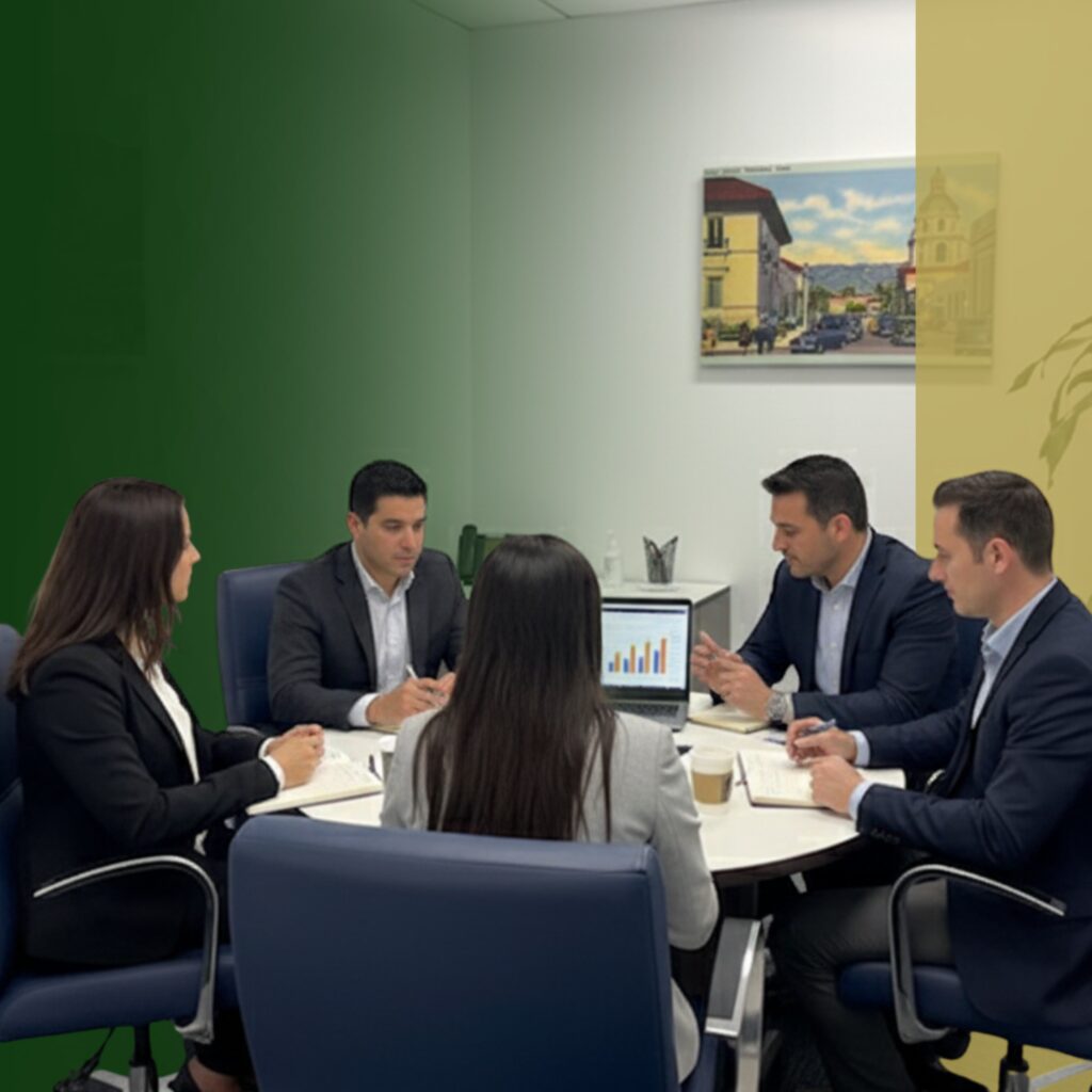 Five people in business attire sit around a table in an office, discussing charts displayed on a laptop. The wall behind them features a painting and is shaded in green and yellow tones.