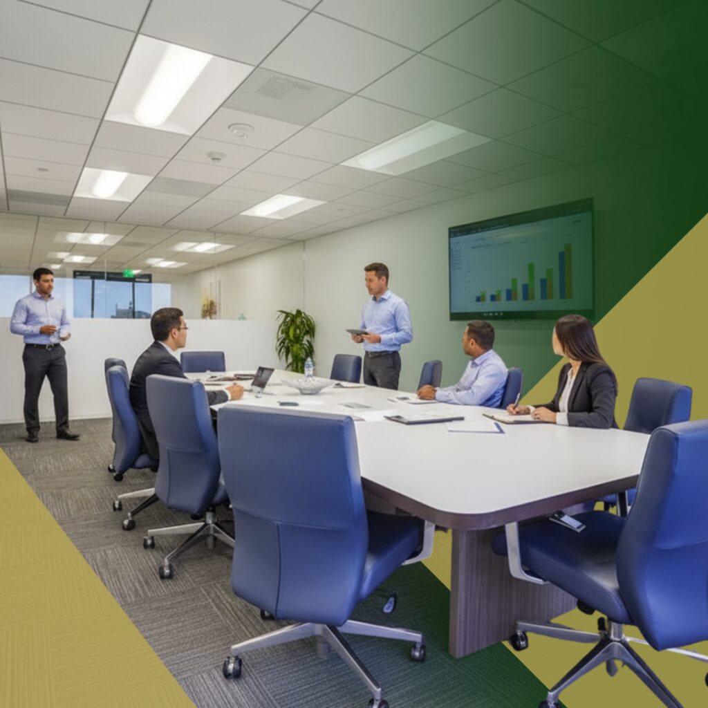Four people in business attire sit at a conference table while one person stands presenting bar graphs on a screen in a modern office meeting room with green and yellow overlay accents.