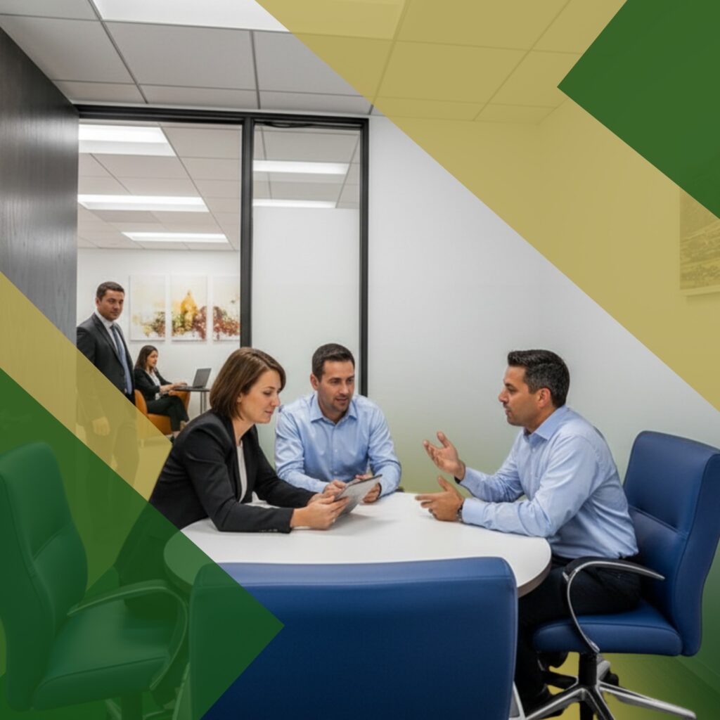 Four people in business attire have a meeting in a modern office with blue chairs. Two more people work at desks in a separate room. Green and yellow transparent geometric shapes overlay the image.