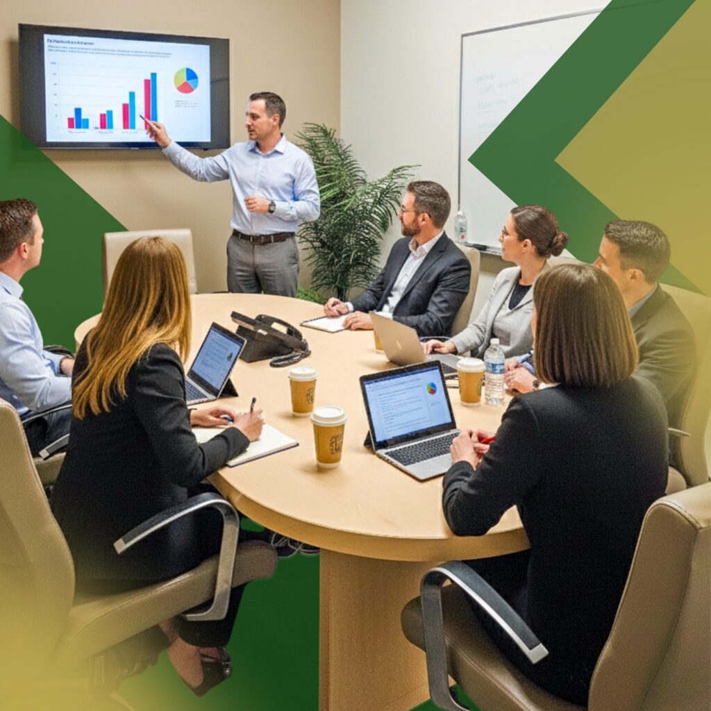 A man presents a bar chart on a screen to six colleagues seated around a conference table with laptops, coffee cups, and documents.