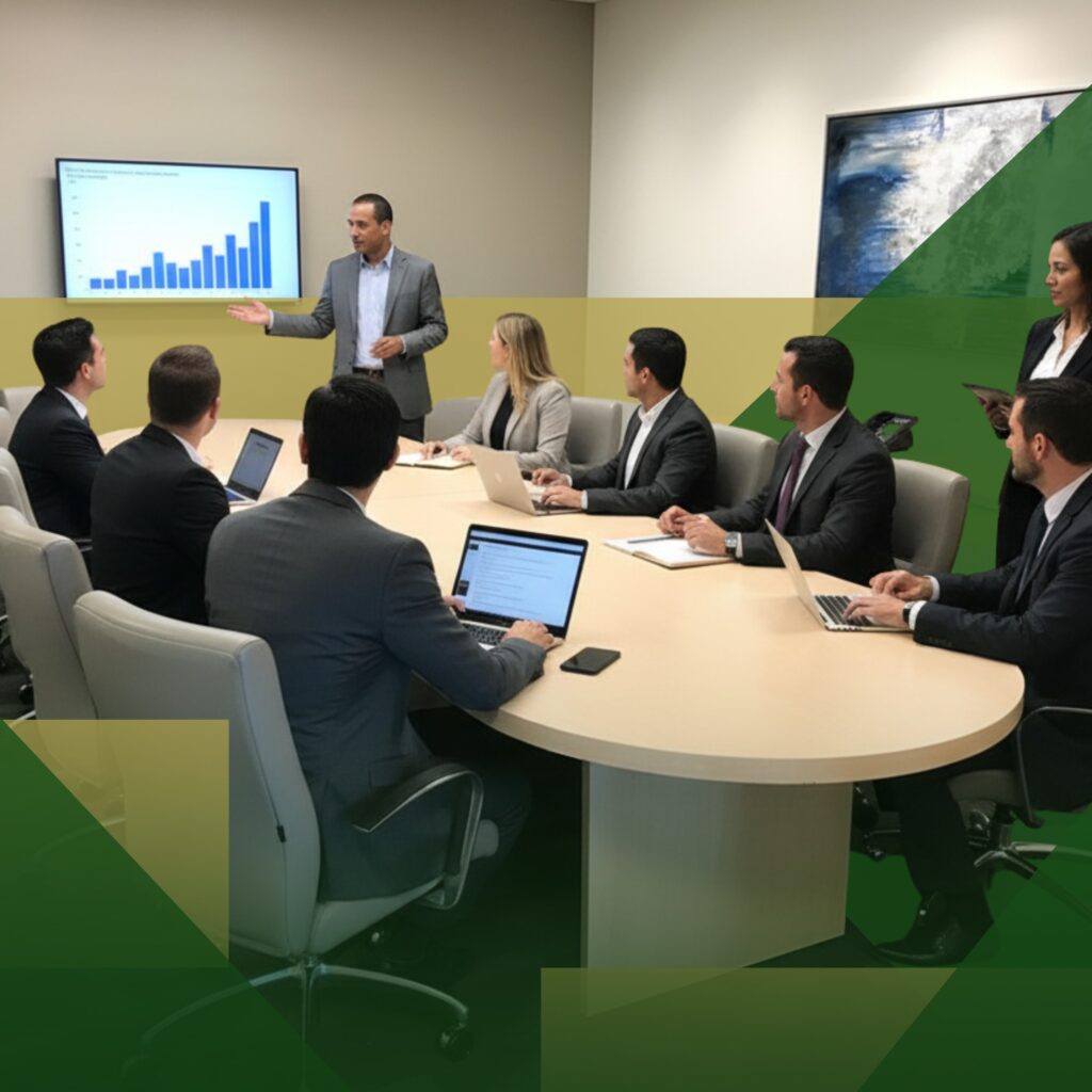 Eight professionals in business attire sit around a conference table with laptops as one person presents a bar graph on a screen. A colleague stands nearby with a tablet. Modern office setting.