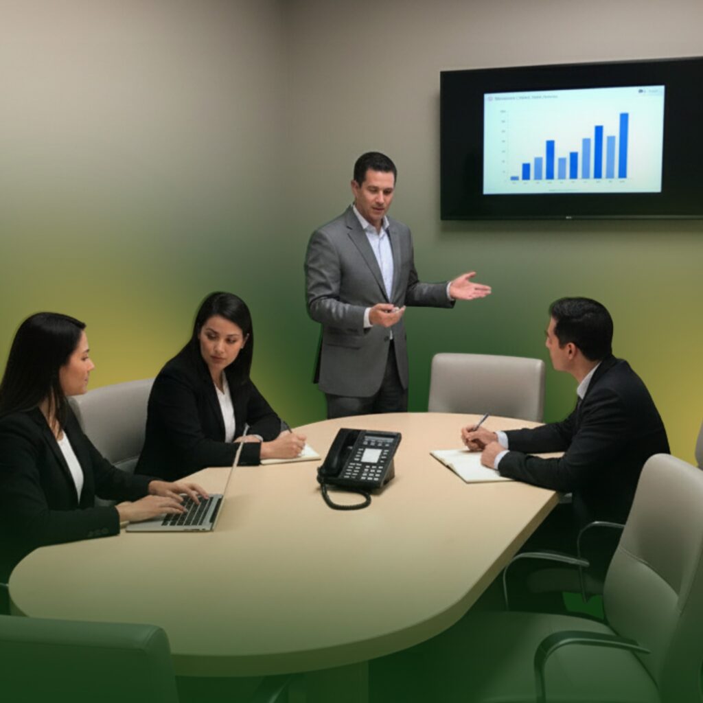 Four people in business attire meet in a conference room. One man stands presenting data on a screen, while three others sit at a table with laptops and notepads, listening and taking notes.