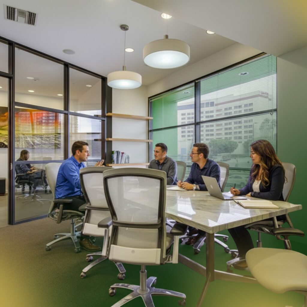 Four people sit around a conference table in a modern office, engaged in discussion. Large windows and glass walls let in natural light. Laptops and notebooks are on the table.