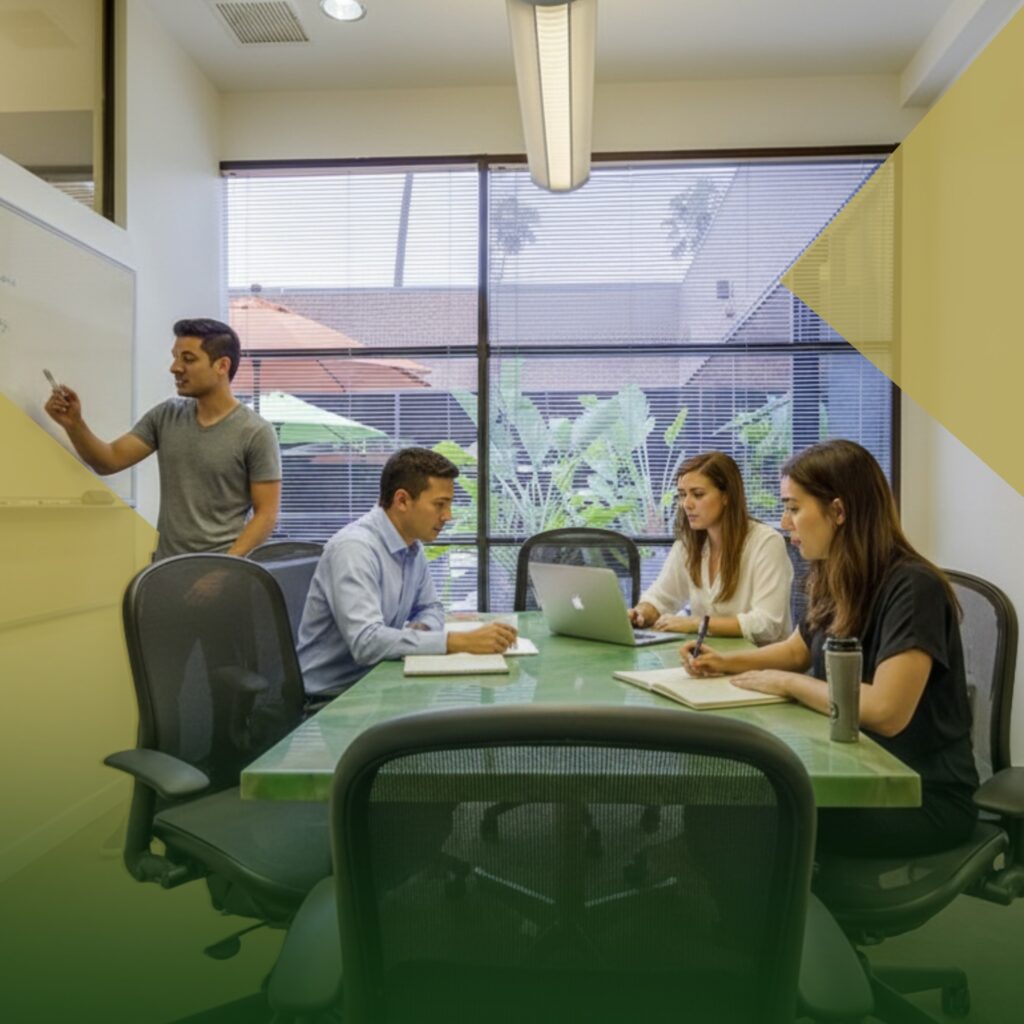 Four people are in a meeting room; one stands by a whiteboard, writing, while the other three sit at a green table with notebooks and a laptop, collaborating. The room has large windows and modern office furniture.