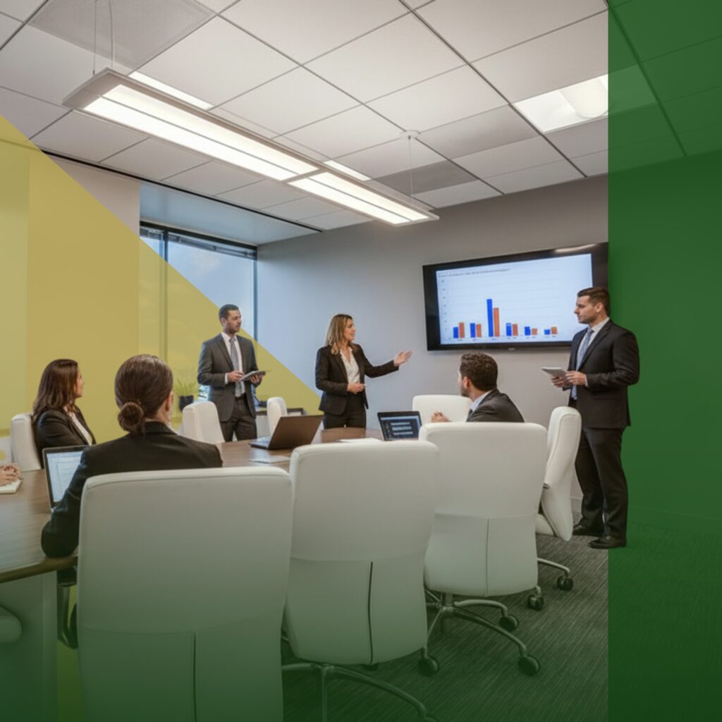 Business professionals in suits meet in a conference room, watching a presentation with bar graphs on a screen. Some are seated at a table with laptops, while others stand and discuss data. Green and yellow overlays decorate the image.
