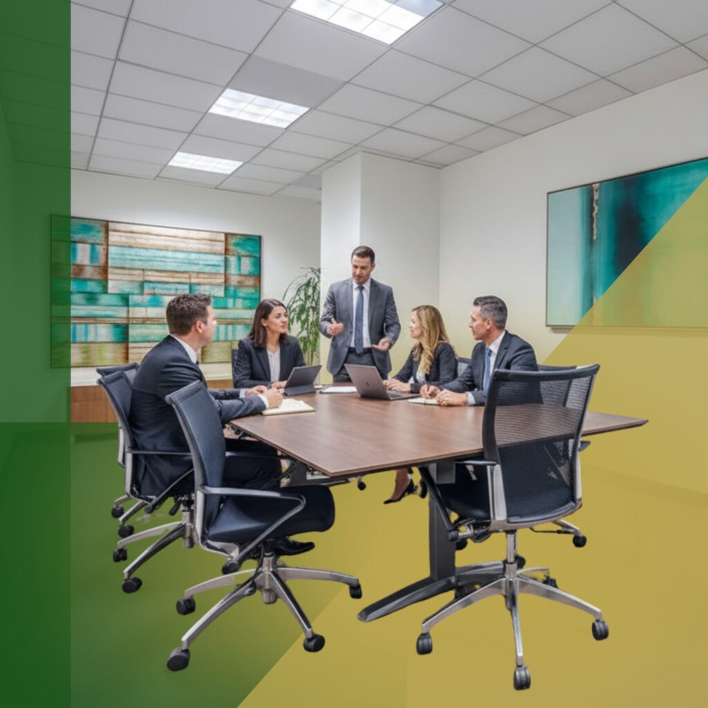 Five people in business attire sit and stand around a conference table in a modern office with abstract art on the walls. Green and yellow shapes overlay part of the image.