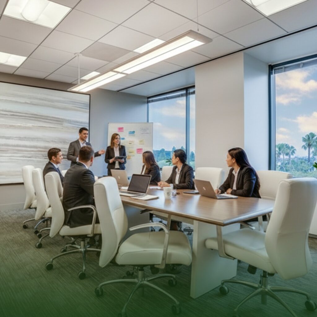 Seven people in business attire sit around a conference table with laptops, while one woman stands and presents near a whiteboard in a modern office with large windows and a city view.