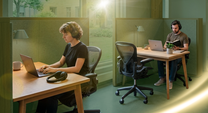 Two people work at separate desks in a modern office with large windows. One types on a laptop, the other reads a book. Both wear headphones. Sunlight streams in, and a potted plant sits on one desk.
