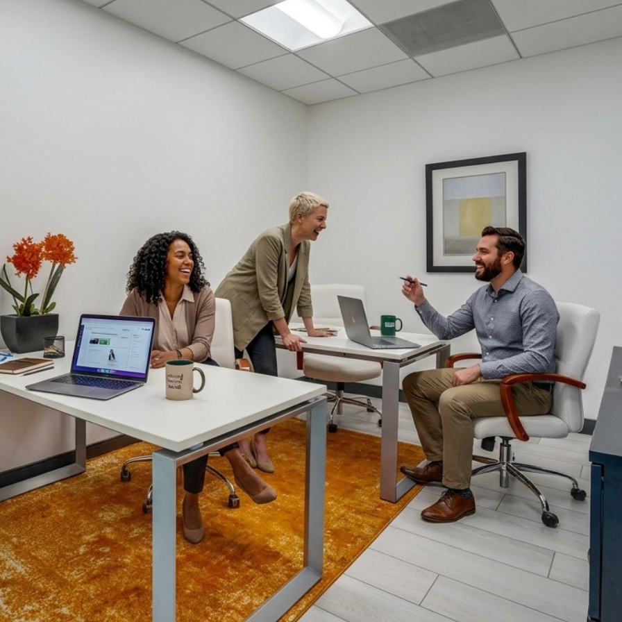 Three people in a modern office, smiling and talking around two desks with laptops, notebooks, and coffee mugs. A framed picture and orange plant decorate the white walls.