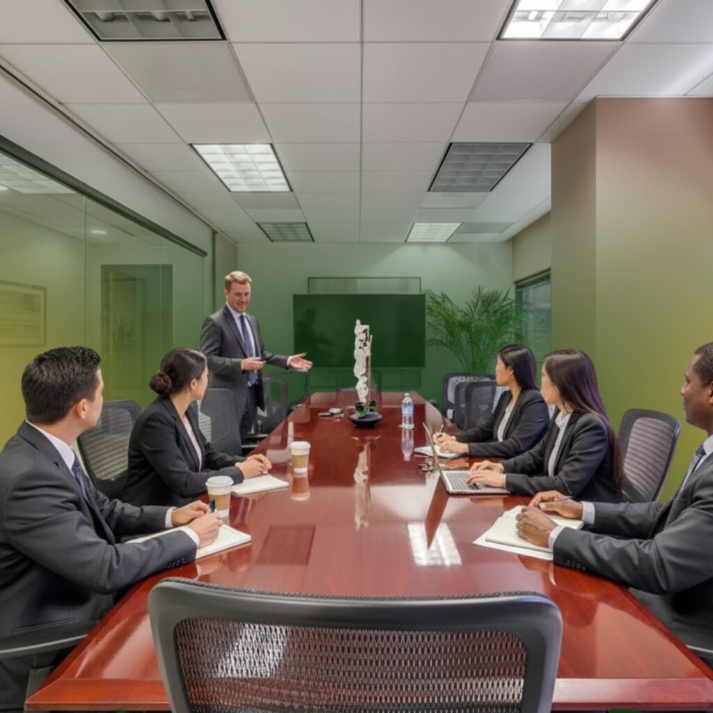 A man in a suit stands presenting to five colleagues seated around a conference table in a modern office meeting room.