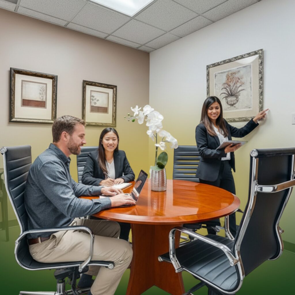 Three people in business attire meet around a round wooden table with a laptop and orchid. One stands by the wall holding a tablet, gesturing toward framed artwork. The other two are seated and smiling in a modern office.
