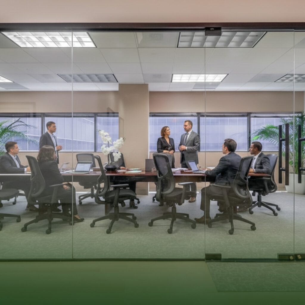 Seven businesspeople are in a modern conference room with glass walls. Some are seated around a table with laptops while two stand and talk. Large windows and plants are visible in the background.