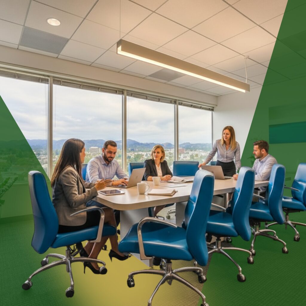 Six people having a meeting in a modern office with blue chairs, large windows, and a green geometric overlay on the floor and wall. Laptops and papers are on the table.
