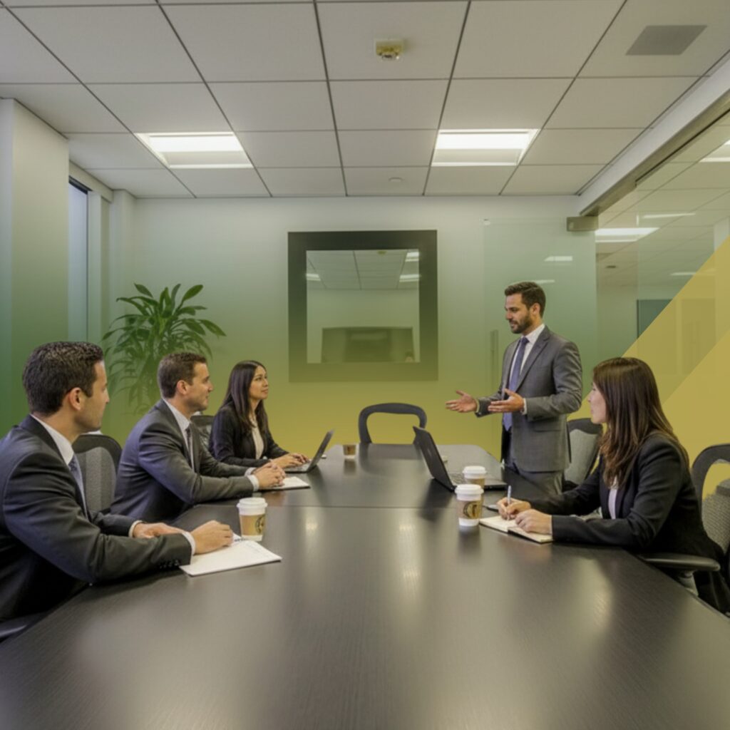 Five people in business attire sit around a conference table in a modern office, with one man standing and speaking to the group. Laptops and coffee cups are on the table. A plant and glass walls are in the background.