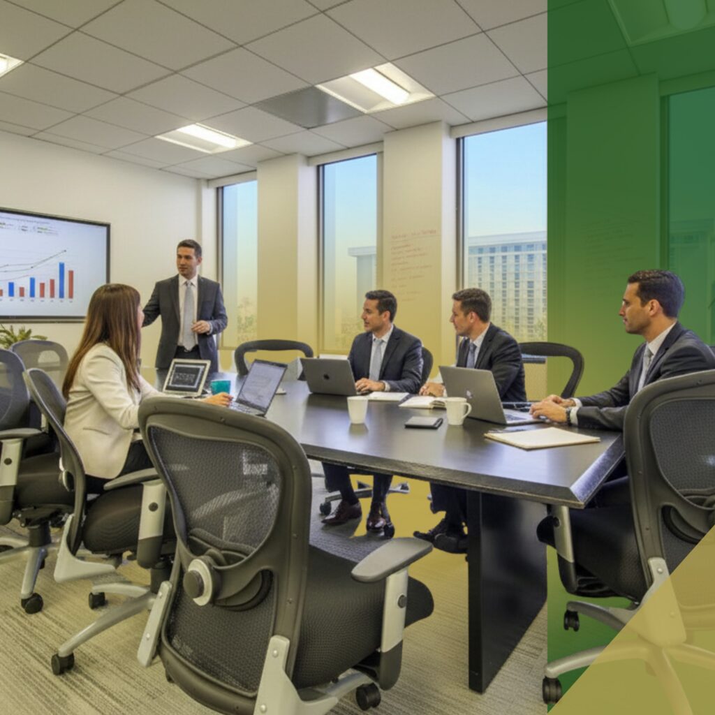 Five business professionals sit around a conference table with laptops while one stands and presents a graph on a screen in a modern office with large windows.