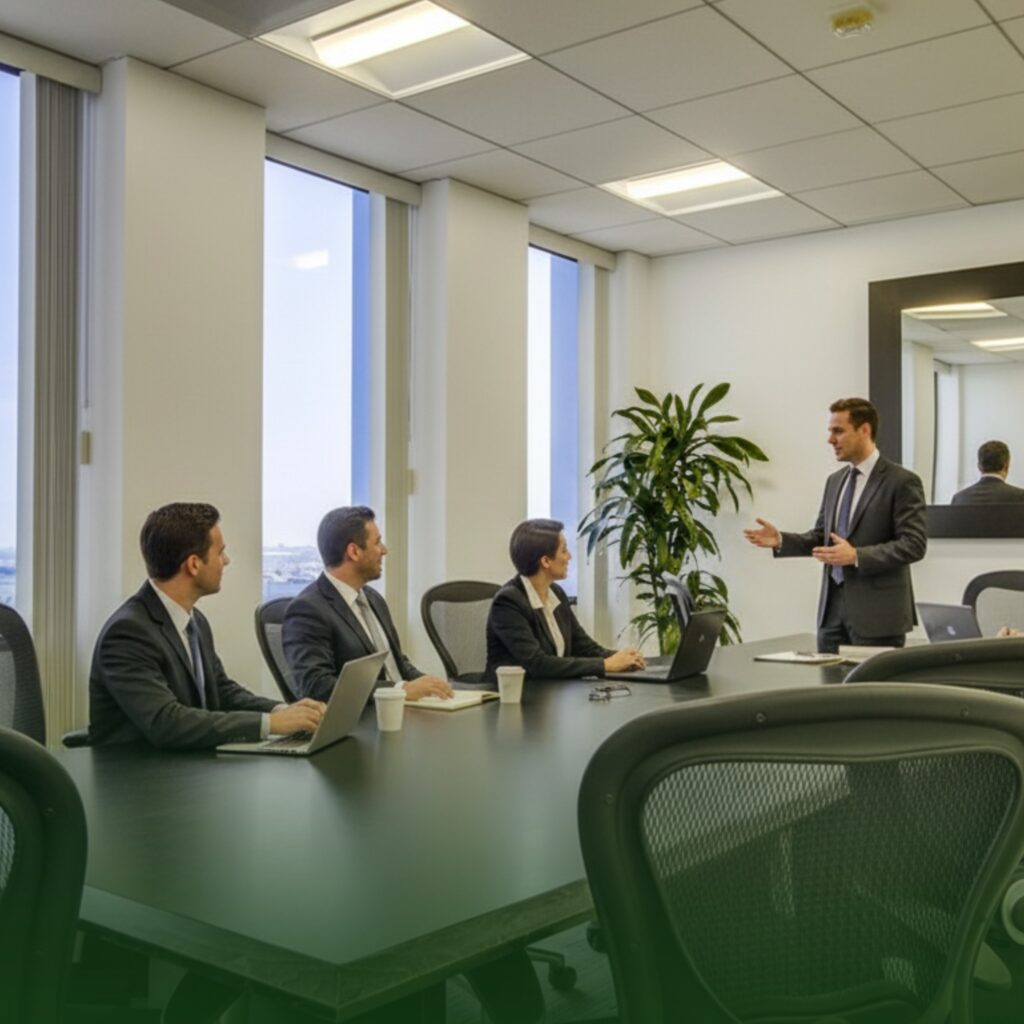 Four businesspeople in suits sit at a conference table with laptops while one person stands and presents in a modern office with large windows and a potted plant.