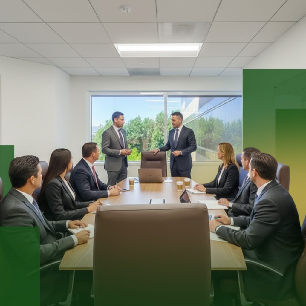 Eight people in business attire sit around a conference table in a modern office, while two stand and speak. Large windows in the background show green trees outside.